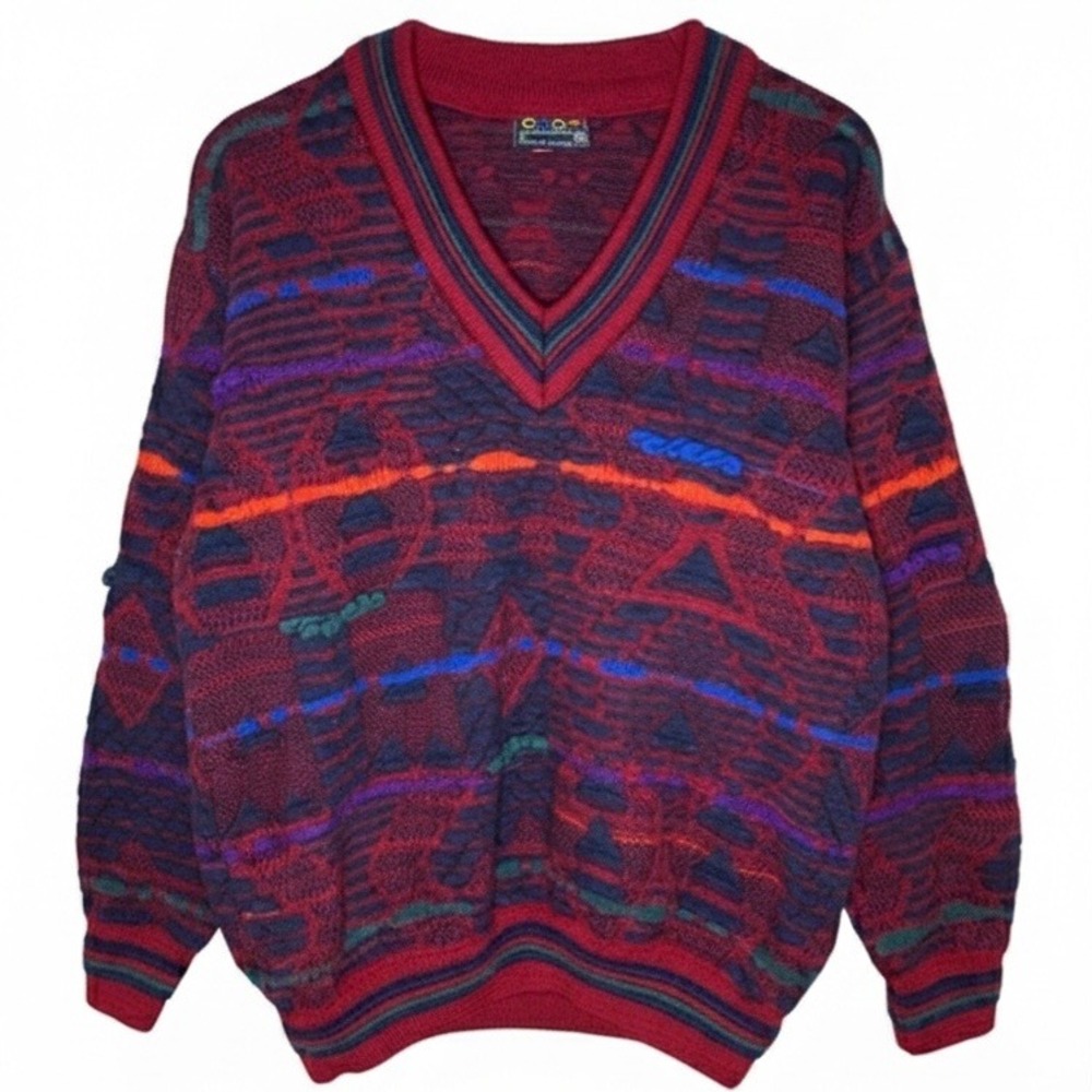 Coogi Sweater Mens Medium Vintage 90s Australia 3D Knit Multicolor RARE V-Neck